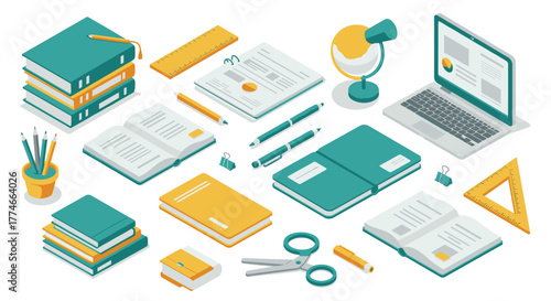 Isometric office supplies and study items in modern layout for educational and workplace design
