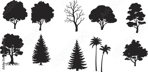 PrintTree silhouettes, black icons, diverse tree types, botanical shapes, nature symbols, graphic design, vector trees, foliage forms, palm trees, seasonal illustration