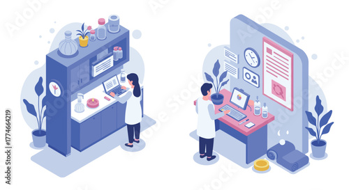 Isometric laboratory and home office scenes with scientists in modern settings