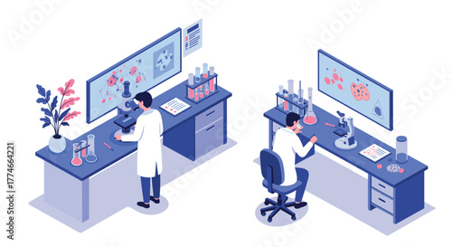 Isometric laboratory scene with scientists using microscopes in modern research facility
