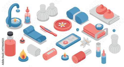 Isometric spa elements: essential oils, massage stones, towels, and more in red and blue