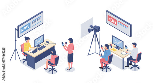 Isometric office newsroom setup with reporters and cameras