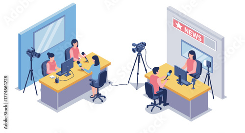 Isometric newsroom scene with journalists and digital equipment