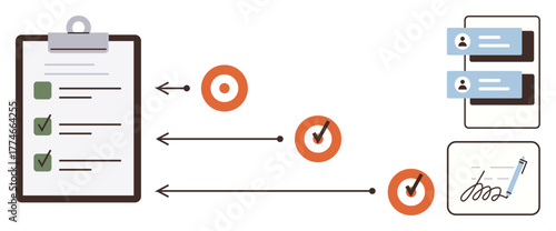 Clipboard with completed checklist, arrows pointing to targets, profile cards, and a signature area. Ideal for productivity, planning, goal-setting, organization, workflow delegation simple flat