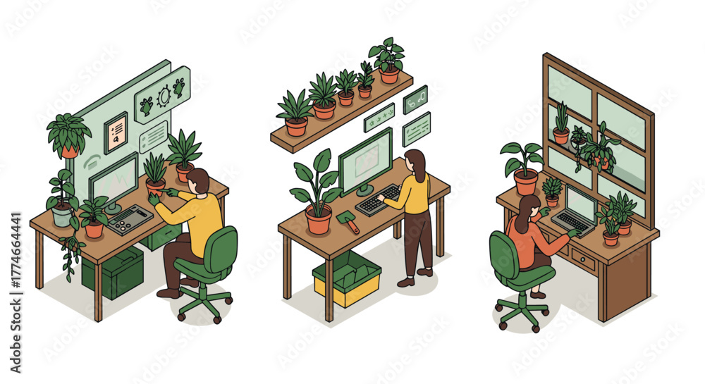 Fototapeta premium Modern home office with plants and technology in isometric design
