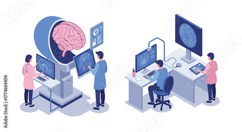 Isometric medical research lab with doctors analyzing brain scans on advanced technology