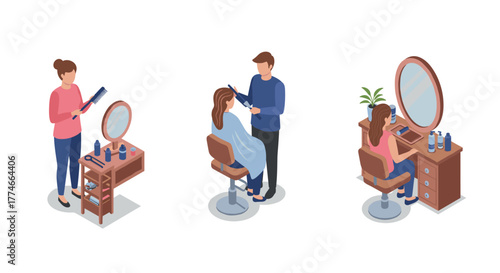Isometric salon scenes with hairstyling and beauty activities
