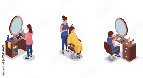 Isometric hair salon scenes with women getting hairdressing services and styling