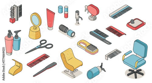 Isometric hair salon tools and equipment set for modern beauty services