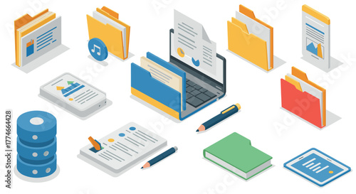 Office documents and technology in isometric design for digital organization