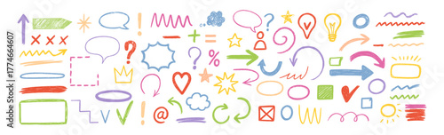 Hand drawn colorful crayons arrow and marker brush line sketch elements on transparent background