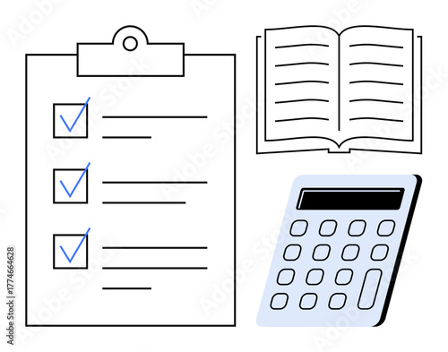 Checklist with blue checkmarks, open book, and calculator. Ideal for education, organization, goal-setting, accounting, productivity planning and evaluation. Simple flat metaphor