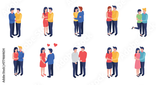 Isometric couples in love: diverse romantic poses and heartfelt embraces