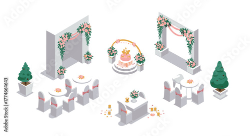 Elegant wedding reception with floral decor and cake in isometric style
