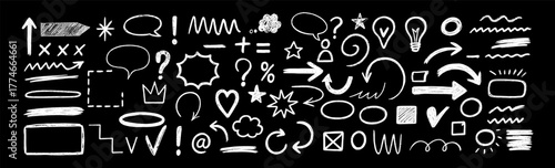 Chalkboard texture brush stroke square, spiral, arrow element scribble line hand drawn sketch design. 