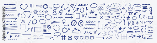 Hand drawn vector arrow and marker stroke design elements on transparent background