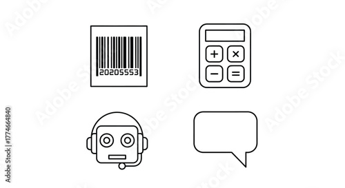 Vector illustration of illustration featuring a barcode, calculator, robot with headset, and speech bubble, perfect for business, technology, or communication concepts