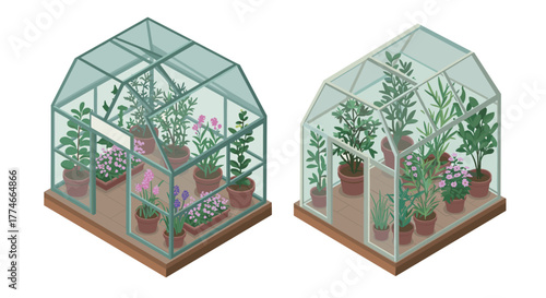 Isometric greenhouse designs with lush indoor plants and flowers