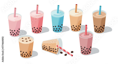 Colorful assortment of bubble tea drinks in isometric style with tapioca pearls
