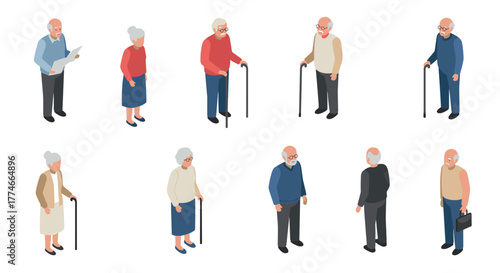 Isometric elderly characters in various poses with walking canes