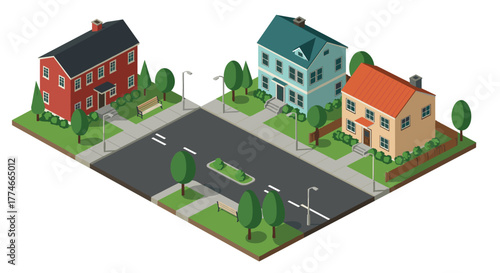 Isometric suburban neighborhood with colorful houses and trees