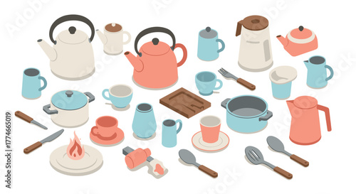 Isometric kitchenware collection with cups, pots, and utensils in pastel shades