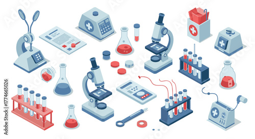 Isometric laboratory equipment set with microscopes and test tubes in red and blue theme