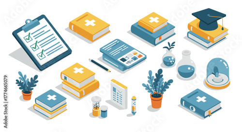 Isometric education icons with books, laboratory equipment, and plants for academic themes