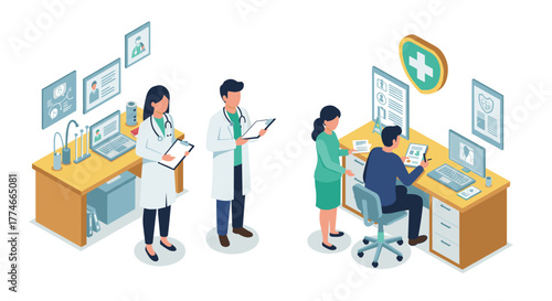 Healthcare professionals in isometric modern medical office environment