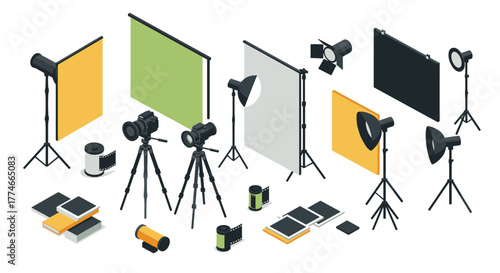 Isometric photography studio setup with cameras, tripods, and lighting equipment