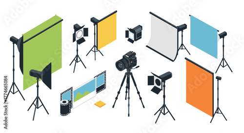 Isometric photography studio equipment setup with tripods and backdrops