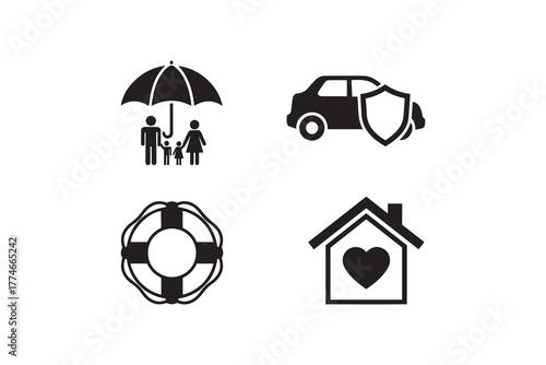 Family car home life insurance protection icons Black and white insurance concept symbol set