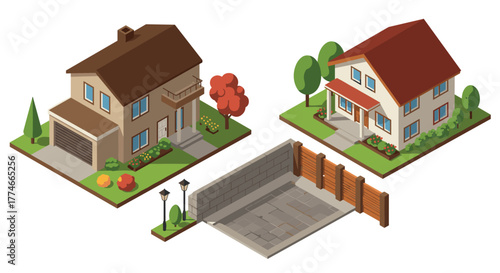 Charming suburban houses with garage and garden in isometric style