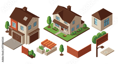 Isometric house design with detached elements and landscaping in modern style