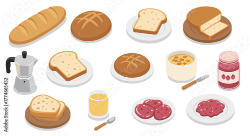 Breakfast essentials: isometric bread, jam, and coffee set
