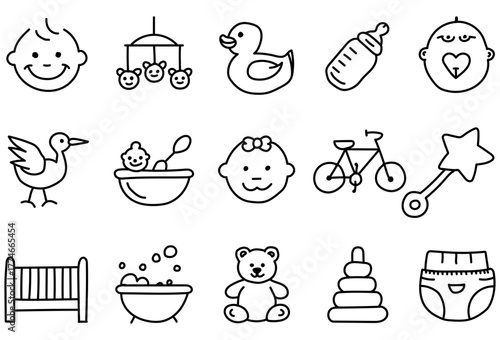 Hand Drawn Baby and Parenting Line Art Icons Set for Nursery, Childhood, and Newborn Care Design Concepts