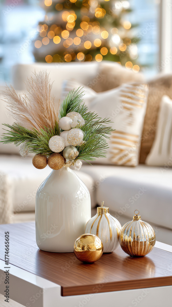 Obraz premium Elegant Christmas decoration with a white vase, golden ornaments, and festive greenery on a coffee table surrounded by cozy living room setting