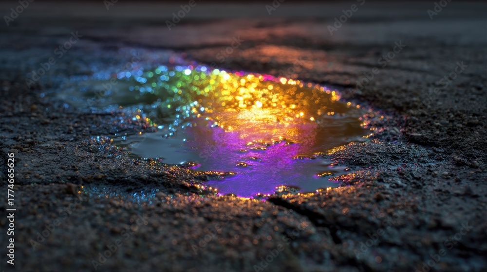 Obraz premium Rainbow reflection in the puddle: a vibrant rainbow is reflecting on the puddle, showing the beauty of the natural phenomenon