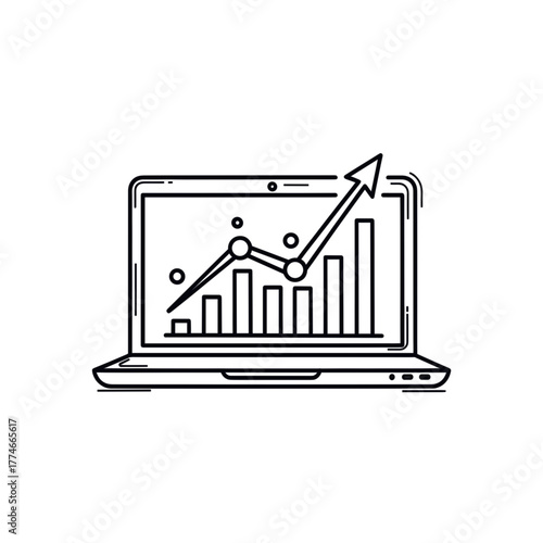 Minimalist black outline vector icon of a laptop displaying a growing bar chart with an upward arrow, symbolizing business growth, analytics, and financial success. Isolated on a transparent backgroun