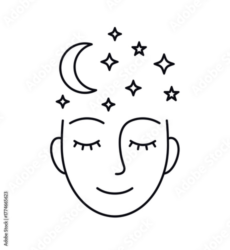 Minimalist black outline vector icon of a sleeping person with closed eyes, stars, and a crescent moon above the head, symbolizing deep sleep, dreams, night rest, and relaxation