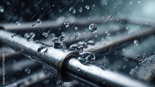 Rainy metal: Intense close-up of water beading and cascading down a cold, reflective metal surface, with a dramatic play of light and shadow, capturing the essence of a rain shower.
