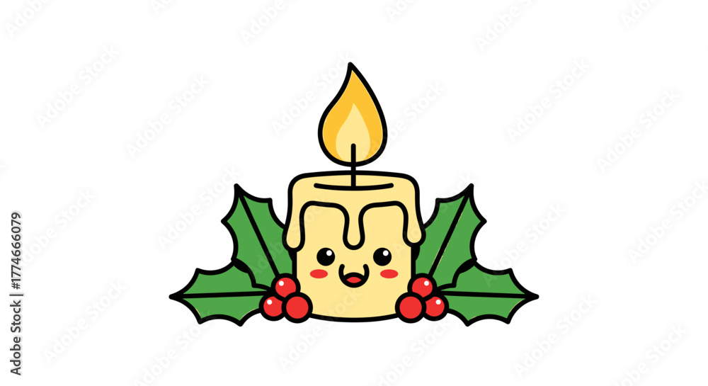 Naklejka premium A cute cartoon candle with a smiling face, surrounded by holly leaves and red berries.