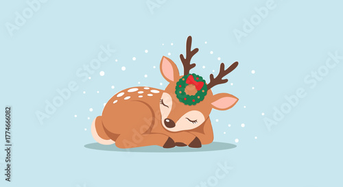Sleeping fawn with Christmas wreath on antlers, on light blue background with snow.