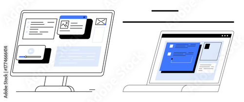 Computer monitor and laptop display with open interactive user interface windows, including text, image, and file elements. Ideal for teamwork, project planning, UIUX design, content development