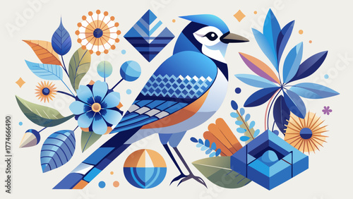 Very beautiful minimalist Blue Jay collage featuring a geometric branch and delicate floral design, blending modern simplicity with artistic elegance and nature-inspired harmony in soft tones.