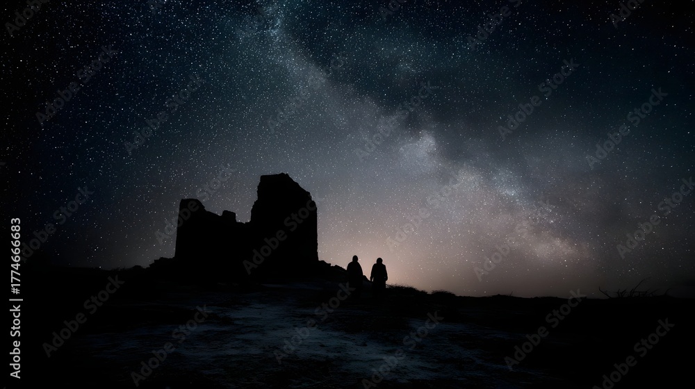 Obraz premium Silhouetted figures approach ancient ruins under a breathtaking star filled night sky with the Milky Way