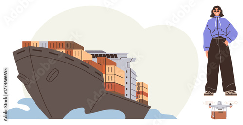 Large cargo ship carrying colorful containers on ocean, quadcopter delivering package, and modern woman in bold outfit. Ideal for logistics, delivery, e-commerce, sustainability, technology, fashion
