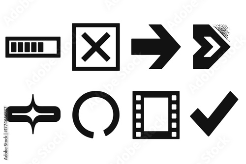 Brutalist Digital Icons. Digital Outro silhouette set: loading bar, closing window, end arrow, motion fade, glowing line, progress circle, animation frame, checkmark