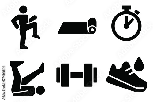 Brutalist Fitness Icons. Fitness Leg Lift silhouette set: athlete lifting leg, workout mat, timer icon, leg stretch, dumbbell, gym shoe, strength symbol, sweat drop