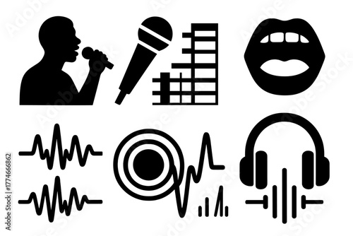 Vocal Icon Set. Vocal Octave silhouette set: singer silhouette, microphone, vocal range chart, frequency wave, open mouth, headphones, sound line, echo circle